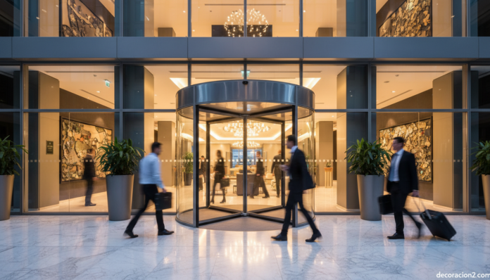 Puerta giratoria Revolution Door en la entrada de un edificio sostenible al atardecer