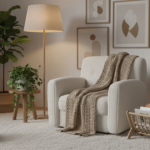 A cozy Scandinavian reading corner with a wooden magazine rack standing next to a comfortable readin