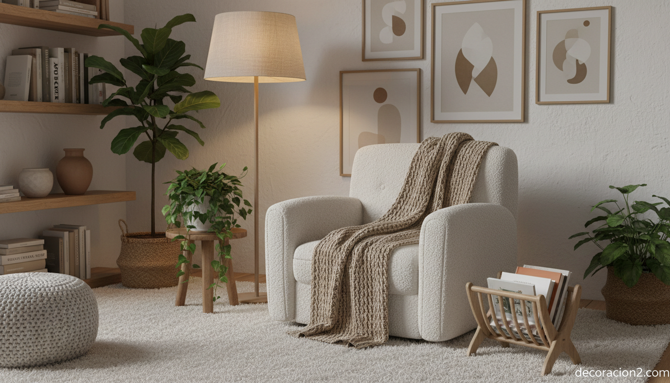 Rincón de lectura nórdico con revistero de madera y ambiente acogedor