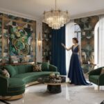 Luxurious Art Deco living room interior with geometric patterns, gold accents, velvet furniture, gla