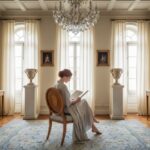 Elegant neoclassical living room with Sheraton style armchair with shield-shaped back, light wood fi
