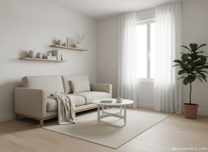 Bright and elegant small living room with light neutral colors, compact sofa, floating shelves, larg