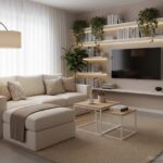 Cozy small living room with multifunctional furniture, sofa bed with storage, nesting coffee tables,