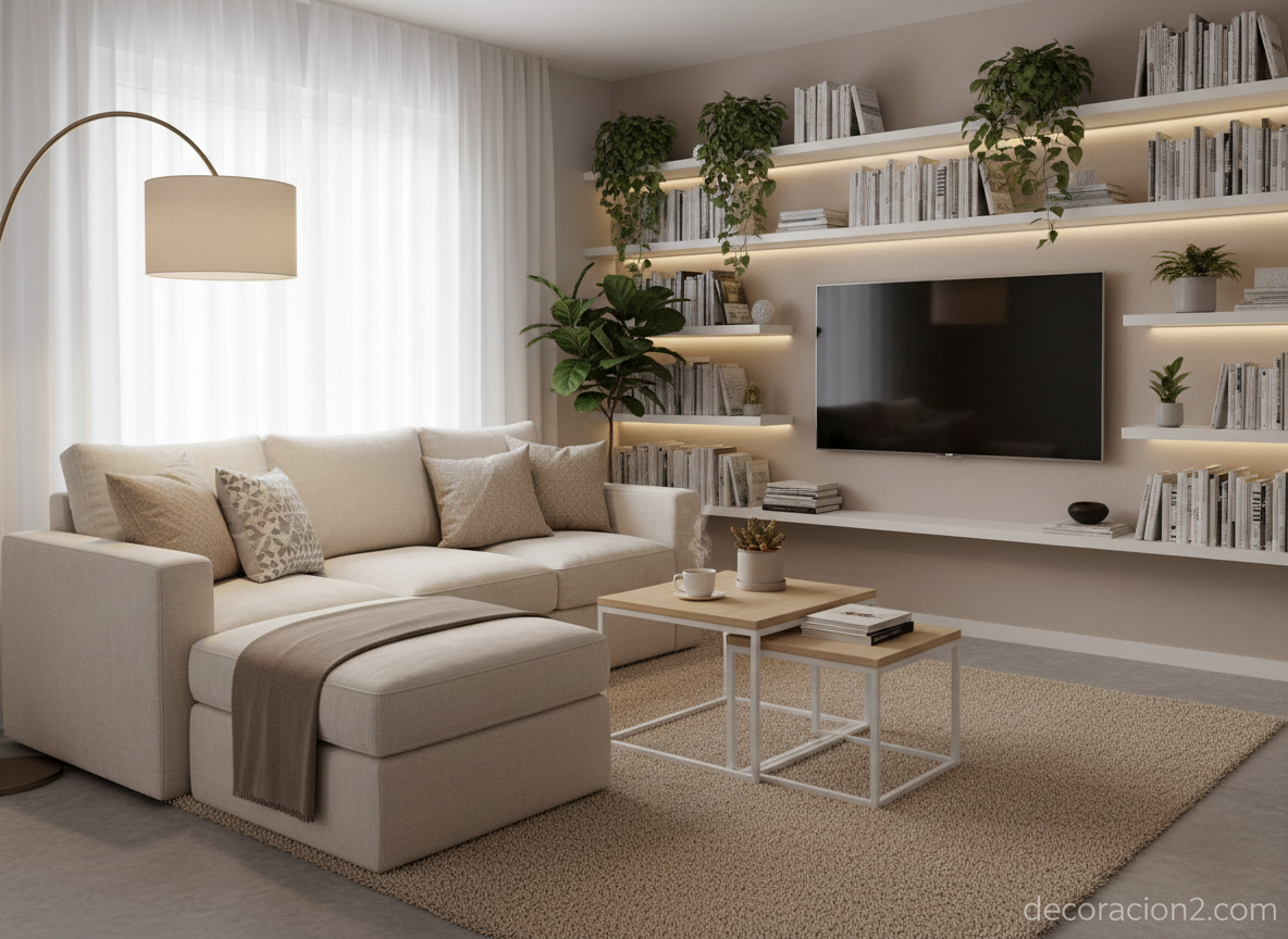 Salones pequeños: cómo decorarlos para ganar espacio y estilo 3 Salón pequeño con muebles multifuncionales, estanterías flotantes y almacenaje integrado