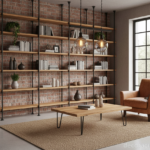 Rustic modern living room with pine wood shelving unit and industrial metal accents, reclaimed pine