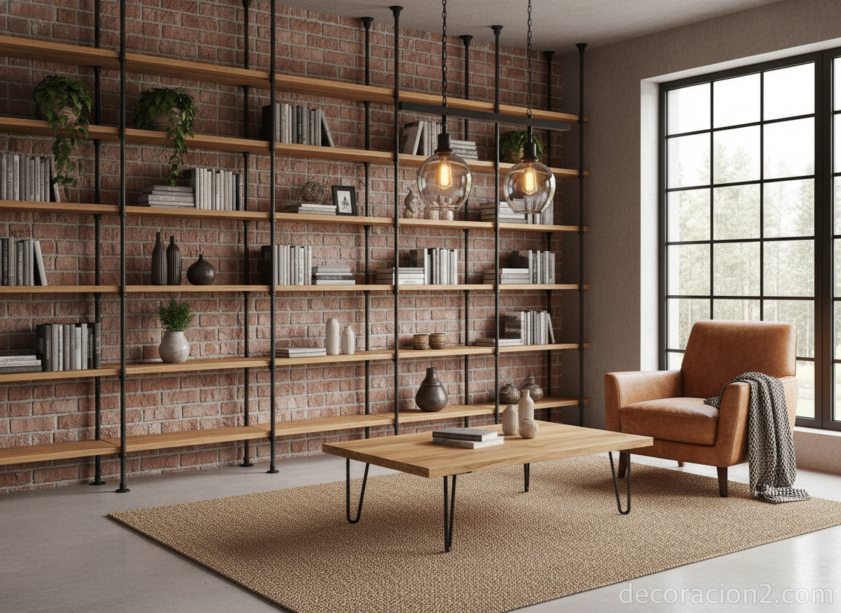 Salón rústico moderno con muebles de pino y metal