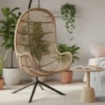 A modern bedroom corner with a hanging egg chair made of woven rattan, suspended from a metal stand,