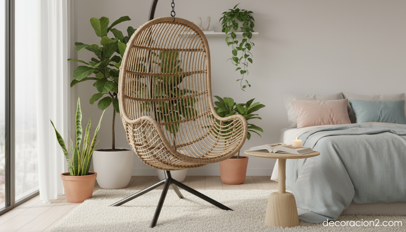 Silla colgante de ratán en rincón de dormitorio con plantas