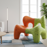 Modern living room with a colorful designer armchair made from recycled plastic in vibrant orange an