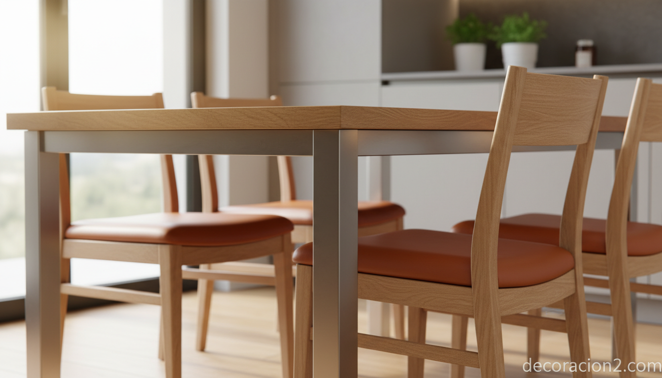 Detalle de sillas de haya con tapizado de piel junto a mesa de roble