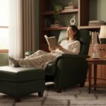 Cozy bedroom reading nook with a woman relaxed on a dark green leather recliner chair next to a larg