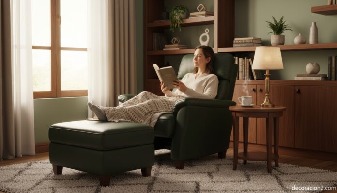 Mujer leyendo cómodamente en un sillón reclinable de cuero verde junto a la ventana del dormitorio