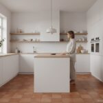 Beautiful modern kitchen with linoleum tile flooring in a warm terracotta pattern, a woman standing
