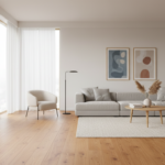 A beautiful modern living room with elegant natural hardwood flooring, warm oak tones, Scandinavian