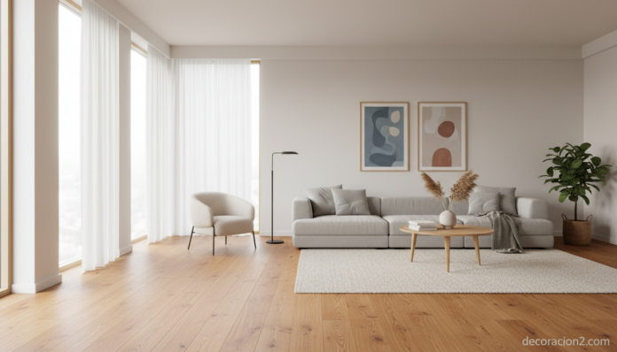 suelo de madera natural en salón moderno con decoración minimalista