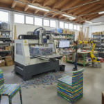 Eco-friendly furniture workshop with CNC machine cutting recycled materials into chair components, d