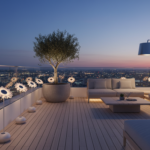 Minimalist modern terrace in the evening with a row of small white and silver sunflower-shaped solar