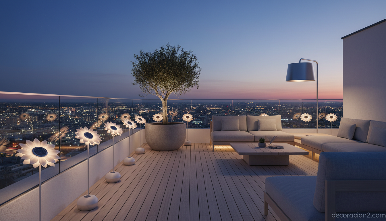 Terraza minimalista con lámparas solares girasol plateadas al atardecer