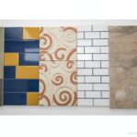 Close up detail of different kitchen tile textures and finishes side by side: matte, glossy, handmad