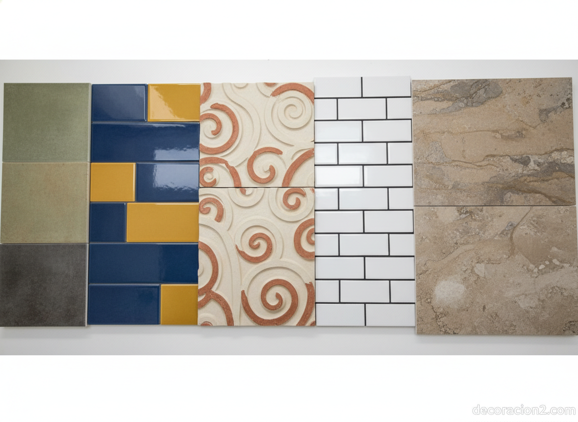 Azulejos para cocina: guía de colores, texturas y tendencias 2026 8 Variedad de texturas y acabados de azulejos para cocina: mate, brillante, relieve y tipo metro