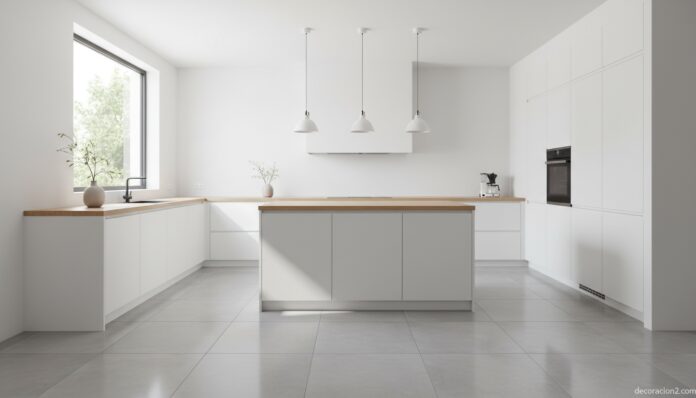 Cocina moderna con suelo de gres porcelánico gris claro, armarios blancos y encimera de madera