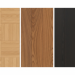 Top-down flat lay of three different types of wood flooring samples arranged side by side: light oak