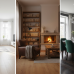 Interior design comparison showing three rooms with different wood floor tones: one with light blond