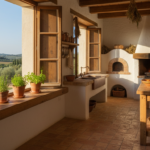 A cozy rustic kitchen with wooden sliding windows open to a countryside view, herbs on the windowsil