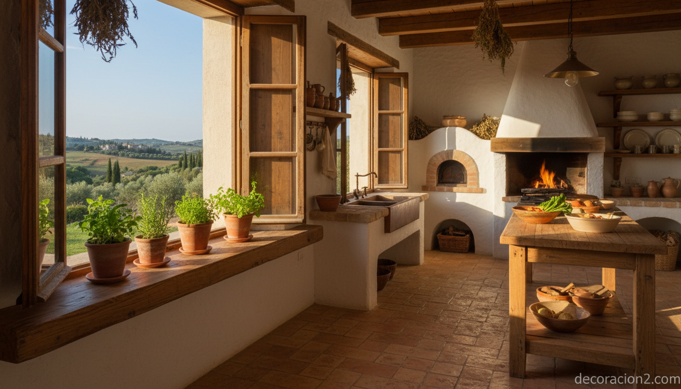 Ventanas correderas de madera en una cocina rústica con vistas al campo