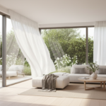 A bright, modern living room with large sliding glass windows overlooking a sunny garden terrace, wh