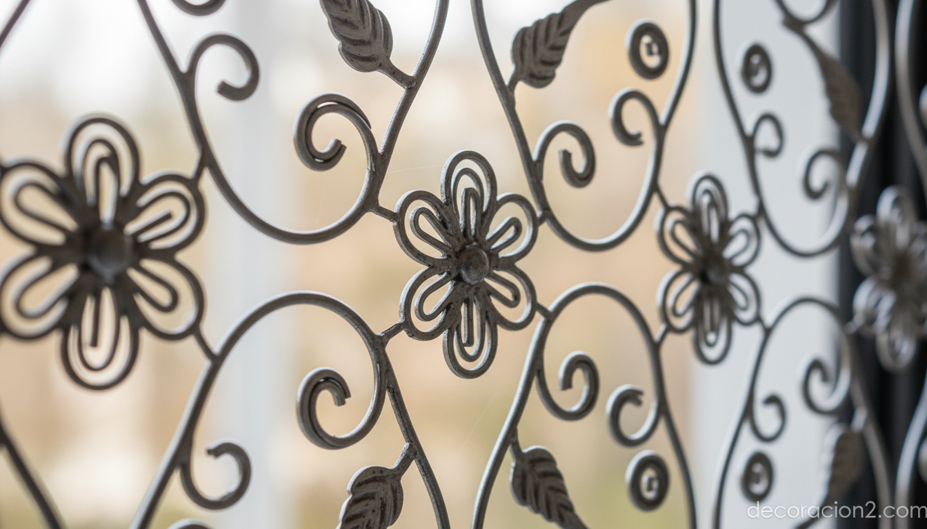 Detalle macro del entramado de encaje metálico de una verja de diseño