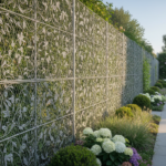 A modern luxury garden with an elegant metal lace-pattern fence delimiting the property line, intric