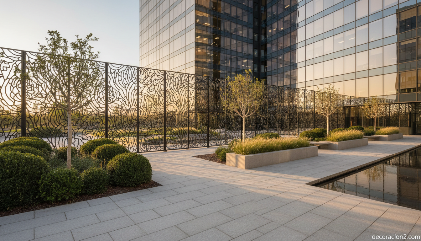 Verja de encaje lacada en negro en el patio de un edificio de oficinas moderno
