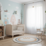 Colorful children’s bedroom with decorative wall decals featuring trees, animals and nature themes o