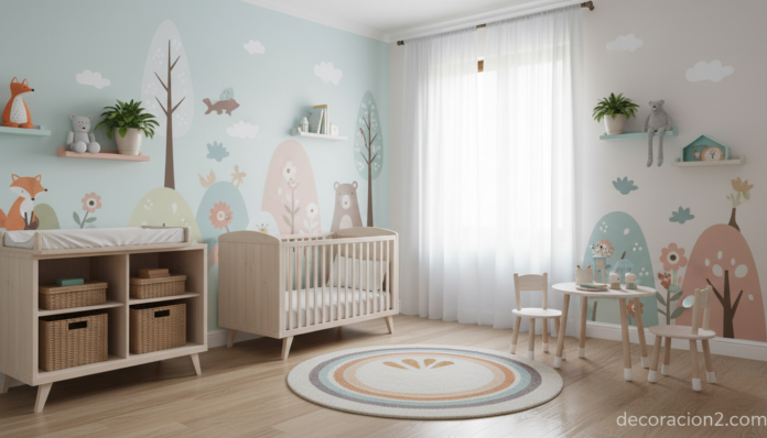 Habitación infantil con vinilos decorativos de naturaleza y animales en pared pastel