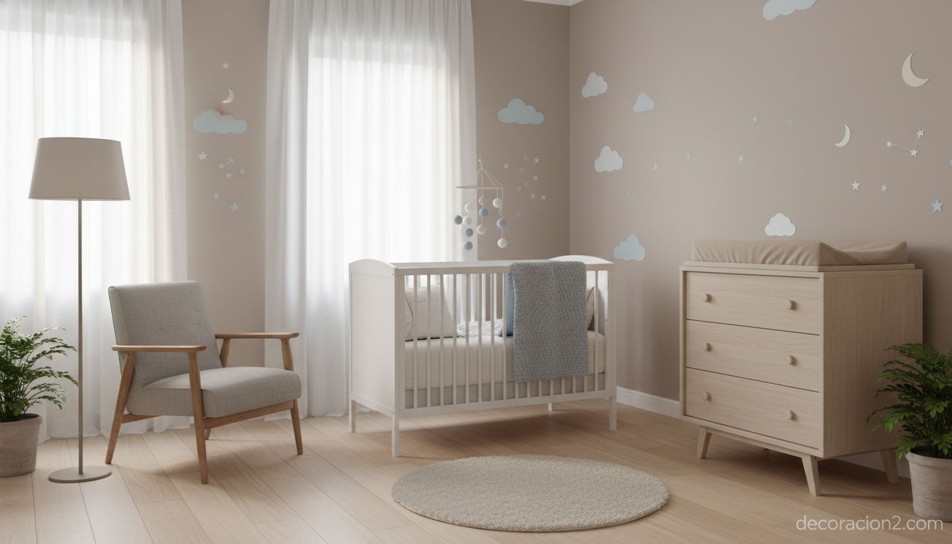 Habitación de bebé decorada con vinilos infantiles suaves en tonos pastel
