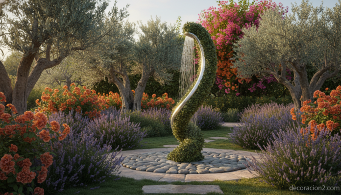 Duchas de exterior integradas en un jardín mediterráneo con vegetación