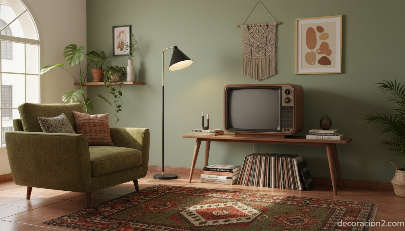 Televisor retro: la propuesta vintage de Tej Chauham y guía para integrarlo en tu salón 8 Rincón de salón boho con televisor retro y mueble nórdico de madera