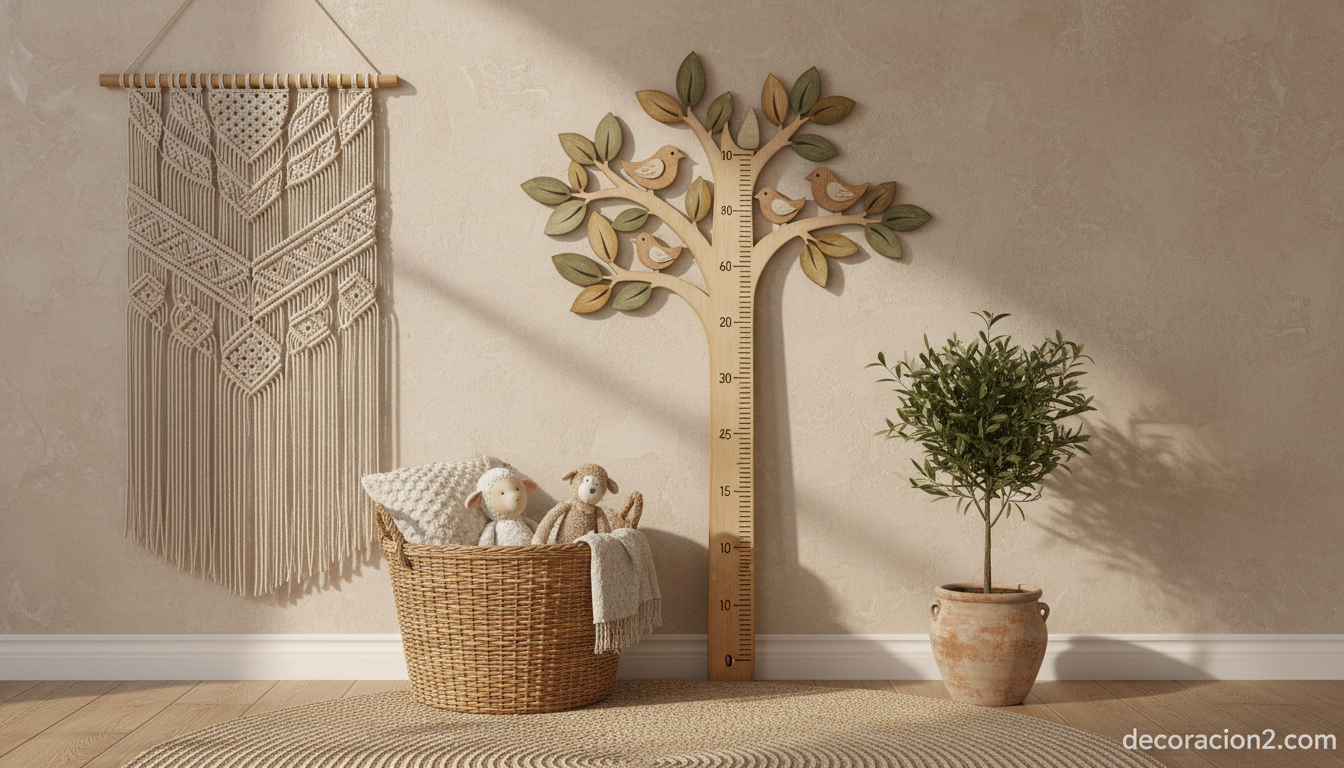 Medidor de altura infantil con forma de planta: ideas, diseños y consejos para la habitación de tus hijos 8 Medidor de altura de madera con forma de árbol en un rincón de habitación infantil estilo boho