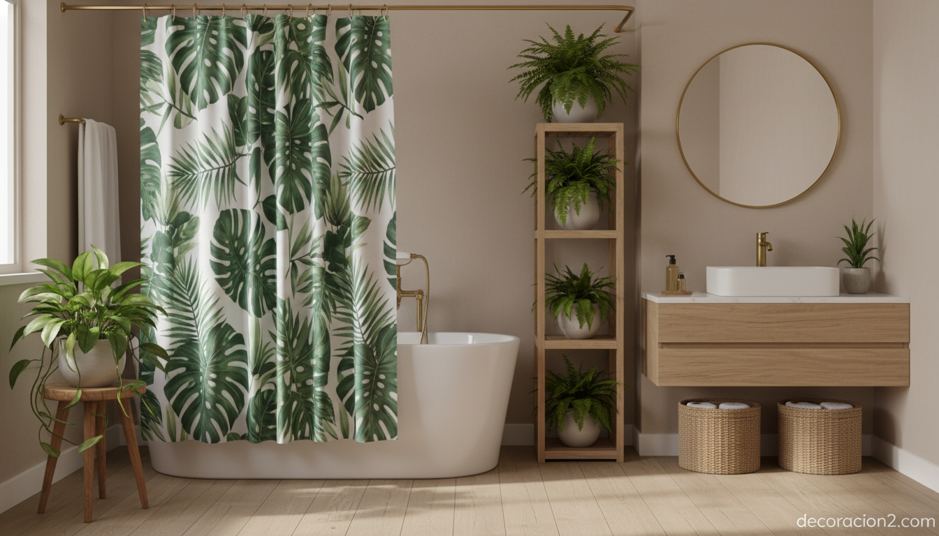 Baño decorado con cortina de ducha botánica de hojas tropicales