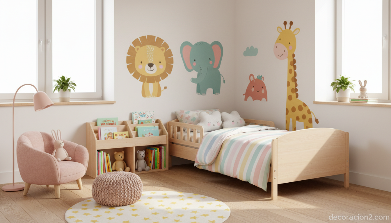 Dormitorio infantil estilo Montessori con cama de transición baja y decoración