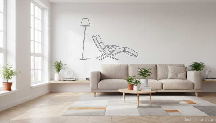 Salón con vinilos decorativos estilo Sofía Antonovich y motivos de muebles ilustrados