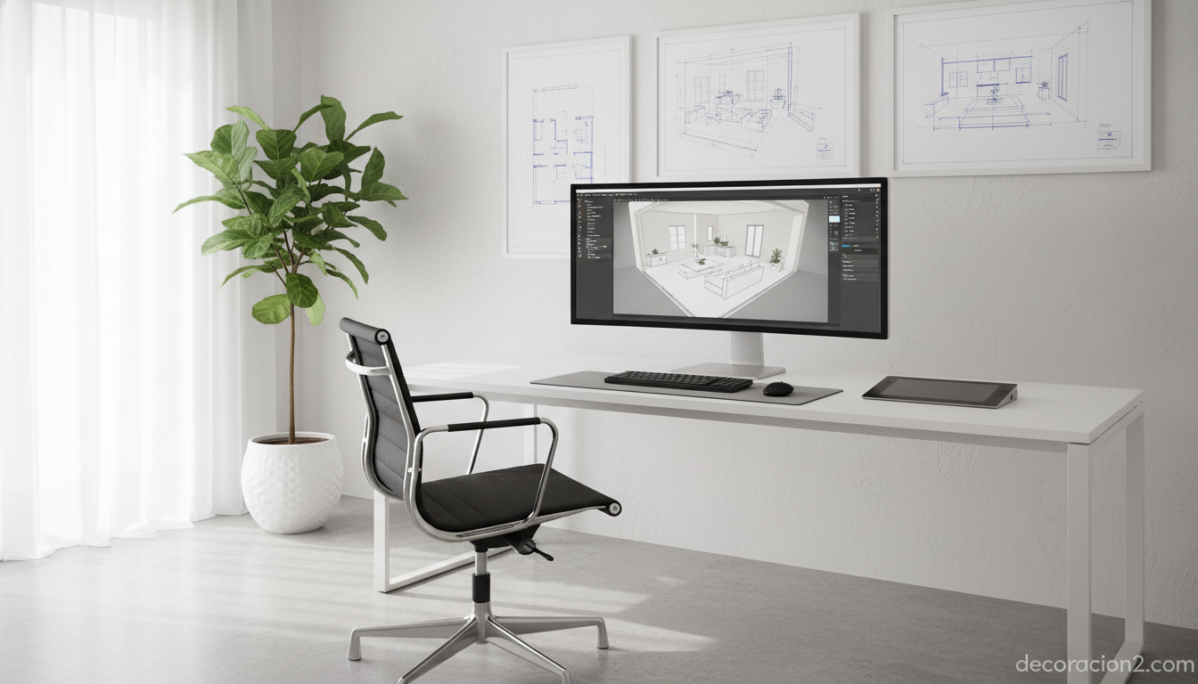 Inspiración decoración online: plataformas, canales y herramientas para renovar tu hogar 2 Espacio de trabajo con simulador 3D de interiores en la pantalla del ordenador