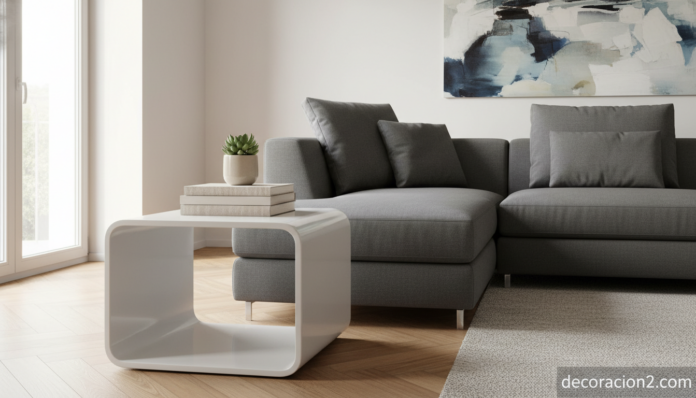 Mesa CU de Kristalia en blanco en un salón moderno junto al sofá