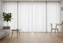 Salón moderno dividido con paneles japoneses de tela de lino natural
