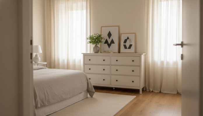 Cómoda Malm de Ikea blanca en dormitorio nórdico moderno