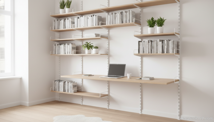 Estantería modular Elfa con escritorio integrado en una zona de estudio moderna