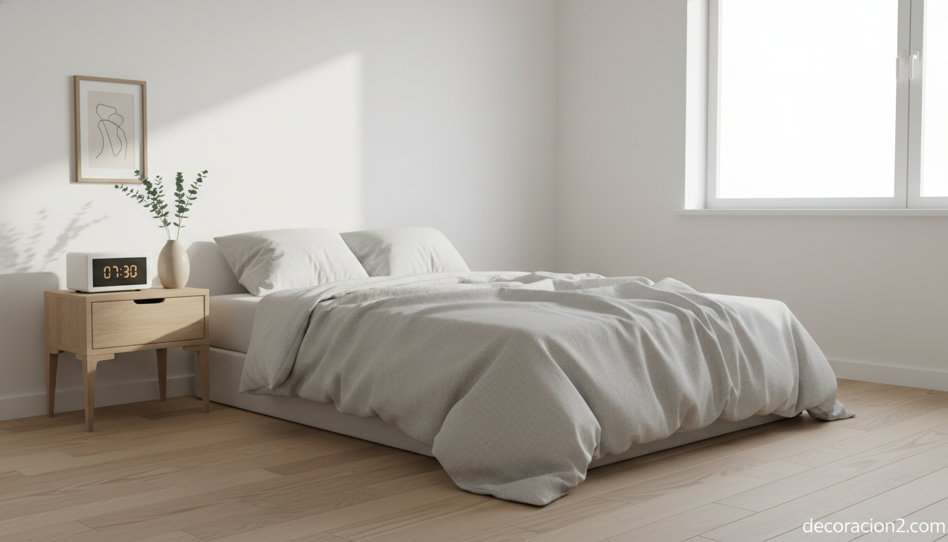 Dormitorio nórdico minimalista con reproductor Vita Audio blanco sobre mesita de noche