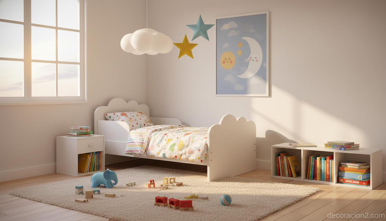 Lámparas decorativas con forma de estrellas y nubes en dormitorio infantil