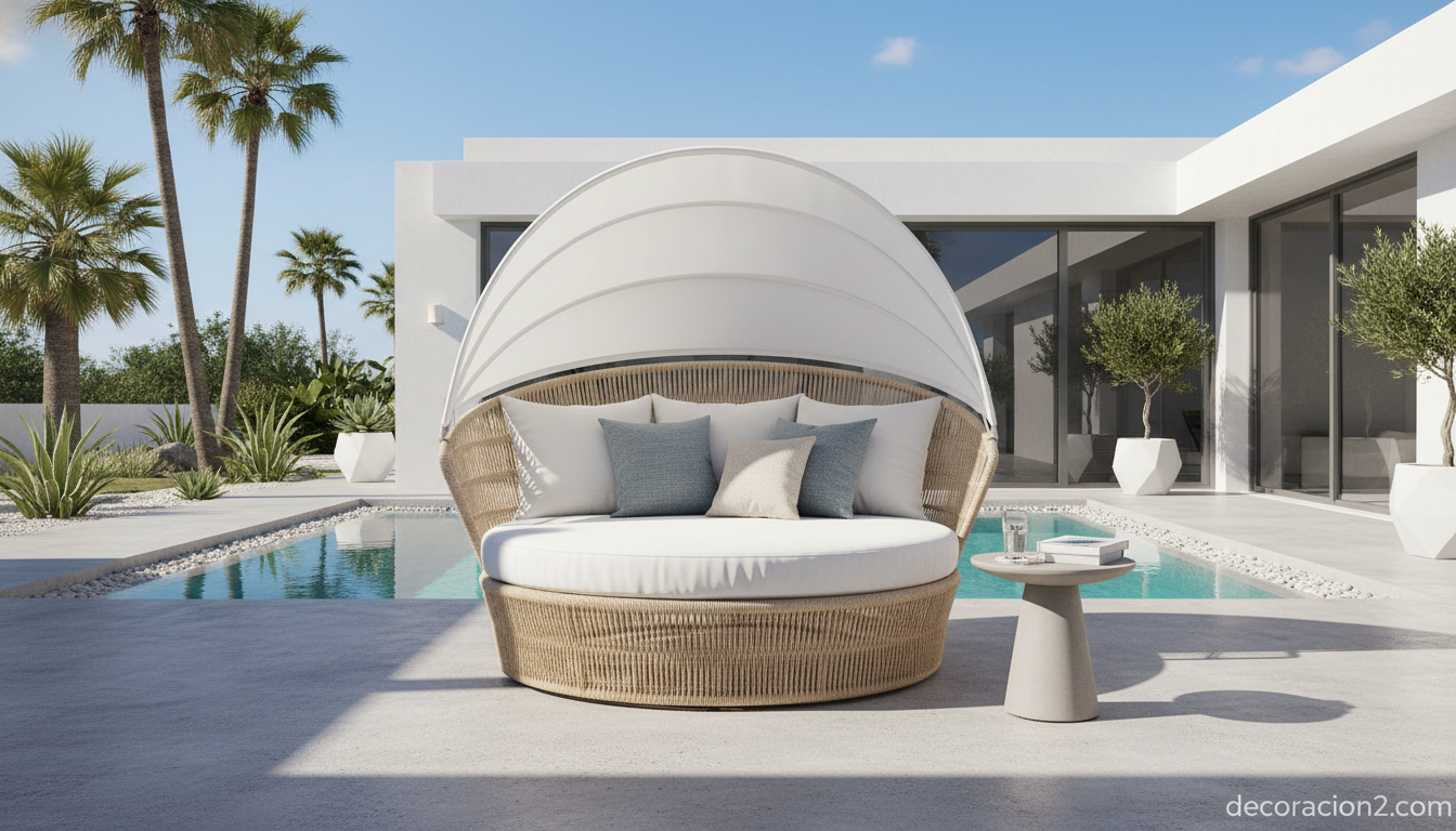 Sillón biplaza de exterior Biarritz de Triconfort: poesía y diseño para tu jardín 2 Sillón biplaza con capota junto a la piscina en estilo minimalista